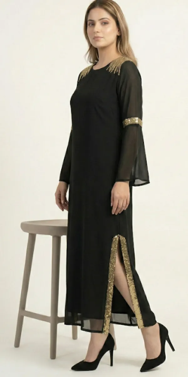Black_Premium_Crepe_Glow_Long_Slit_Dress_For_Women_and_Girls