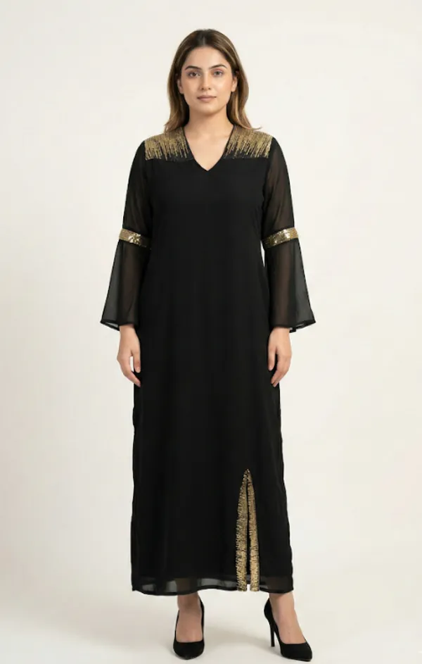Black_Premium_Crepe_Glow_Long_Slit_Dress_For_Women_and_Girls