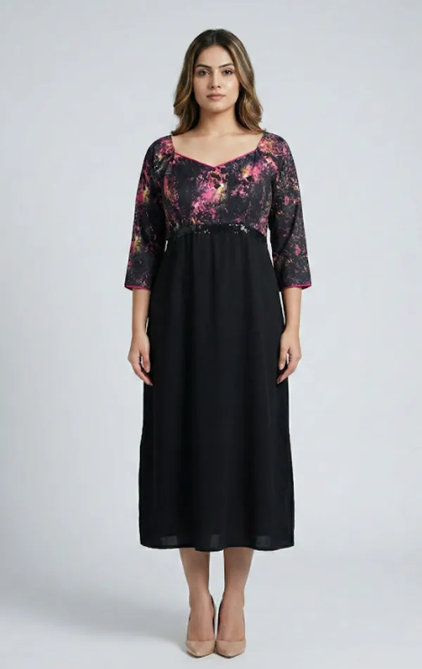 Black_And_Pink_Premium_Crepe_Rose_Accent_V_Neck_Western_Dress_For_Women_and_Girls