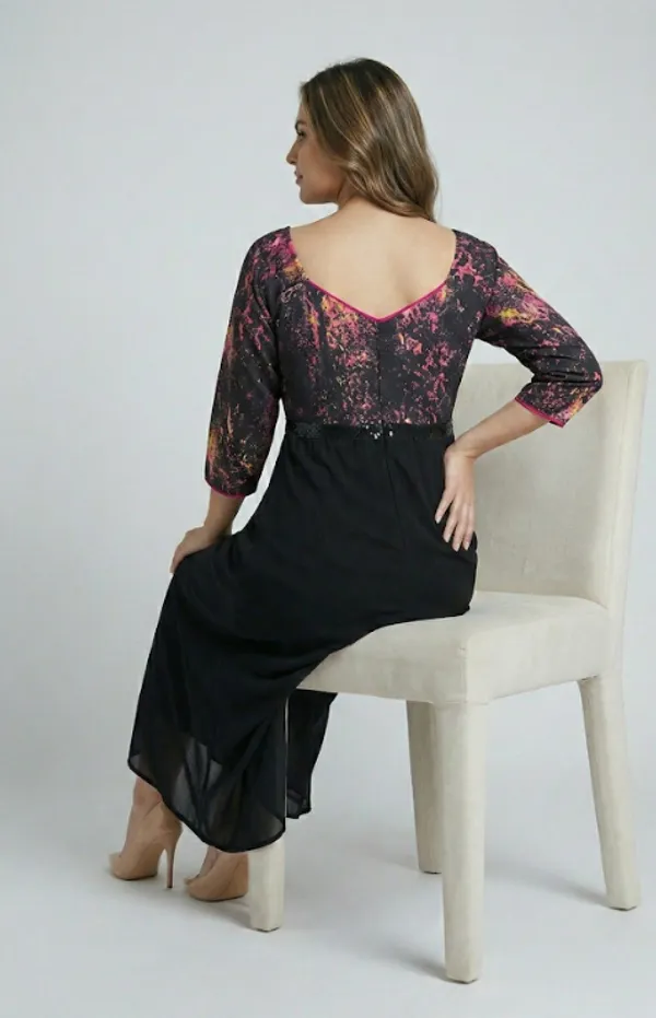 Black_And_Pink_Premium_Crepe_Rose_Accent_V_Neck_Western_Dress_For_Women_and_Girls