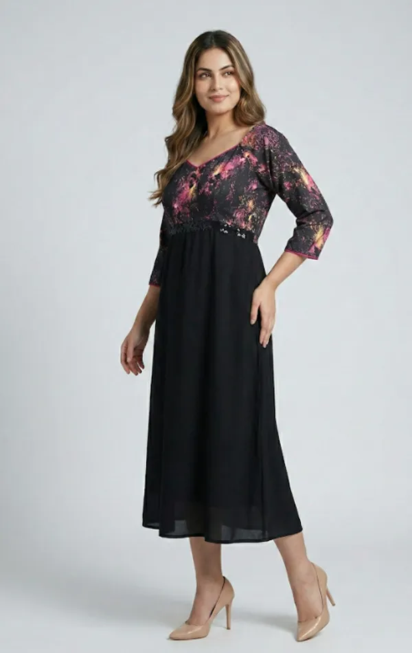 Black_And_Pink_Premium_Crepe_Rose_Accent_V_Neck_Western_Dress_For_Women_and_Girls