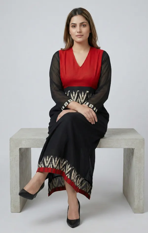 Red_And_Black_Premium_Crepe_Rouge_Contrast_V_Neck_Western_Dress_For_Women_and_Girls
