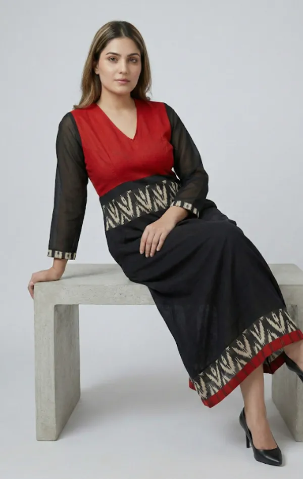Red_And_Black_Premium_Crepe_Rouge_Contrast_V_Neck_Western_Dress_For_Women_and_Girls