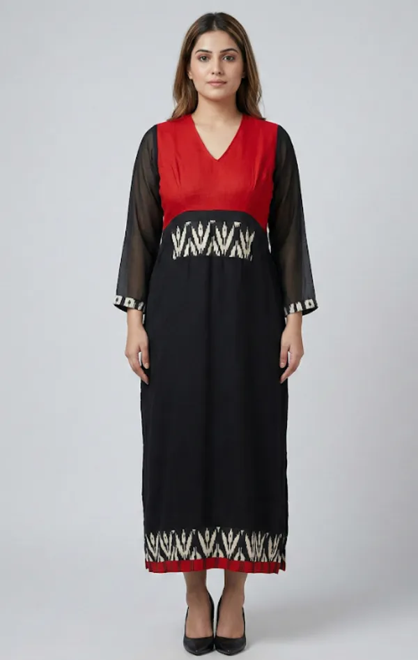 Red_And_Black_Premium_Crepe_Rouge_Contrast_V_Neck_Western_Dress_For_Women_and_Girls