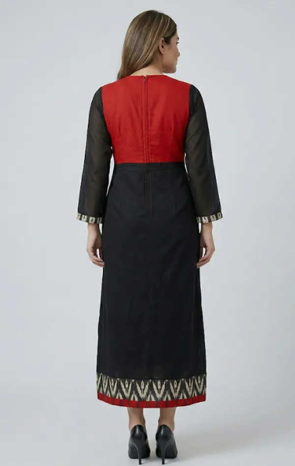 Red_And_Black_Premium_Crepe_Rouge_Contrast_V_Neck_Western_Dress_For_Women_and_Girls