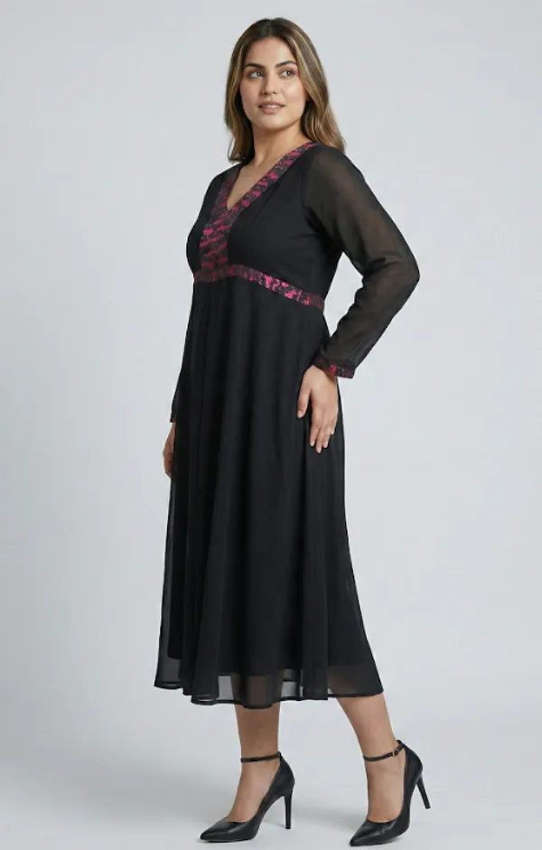 Black_And_Pink_Premium_Crepe_Lustre_Noir_V_Neck_Western_Dress_For_Women_and_Girls
