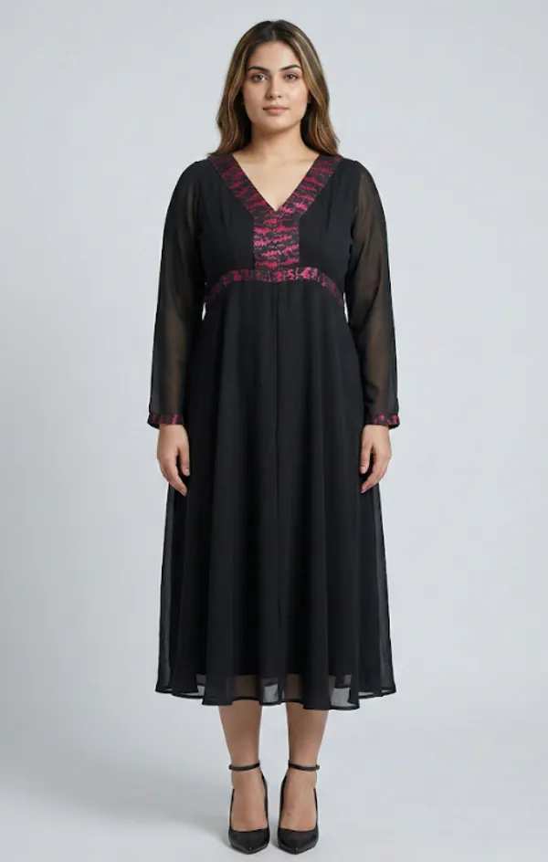 Black_And_Pink_Premium_Crepe_Lustre_Noir_V_Neck_Western_Dress_For_Women_and_Girls