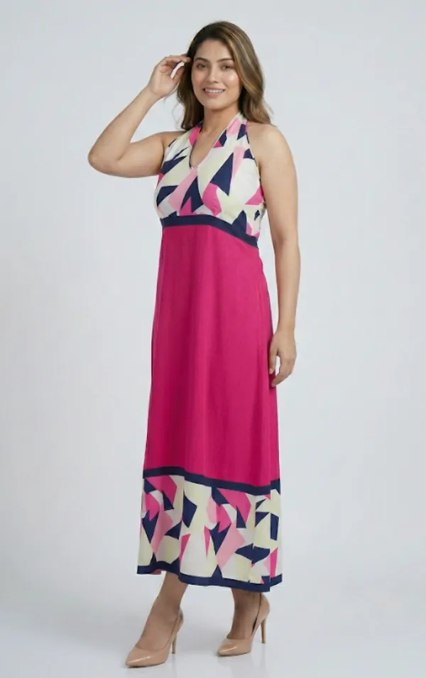 Pink_Premium_Crepe_Fuchsia_Rush_V_Neck_Western_Dress_For_Women_and_Girls