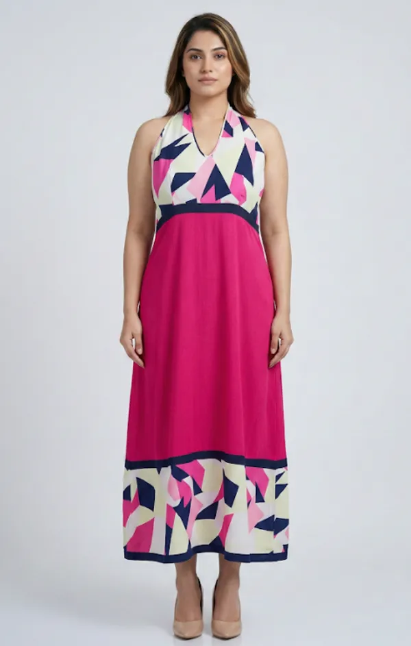 Pink_Premium_Crepe_Fuchsia_Rush_V_Neck_Western_Dress_For_Women_and_Girls