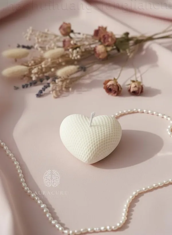 White_Cute_Waffle_Heart_Shaped_Decorative_Candle_Texture_Design_With_Soft_Glow_Perfect_For_Gifting_And_Cozy_Moments_Pack_Of_4