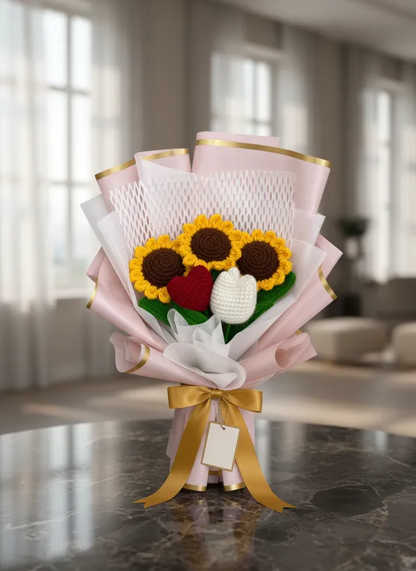 Golden_Heart_Sunflower_Crochet_Bouquet_|_3_Sunflowers,_White_Tulip_&_Heart_Handmade_Floral_Gift