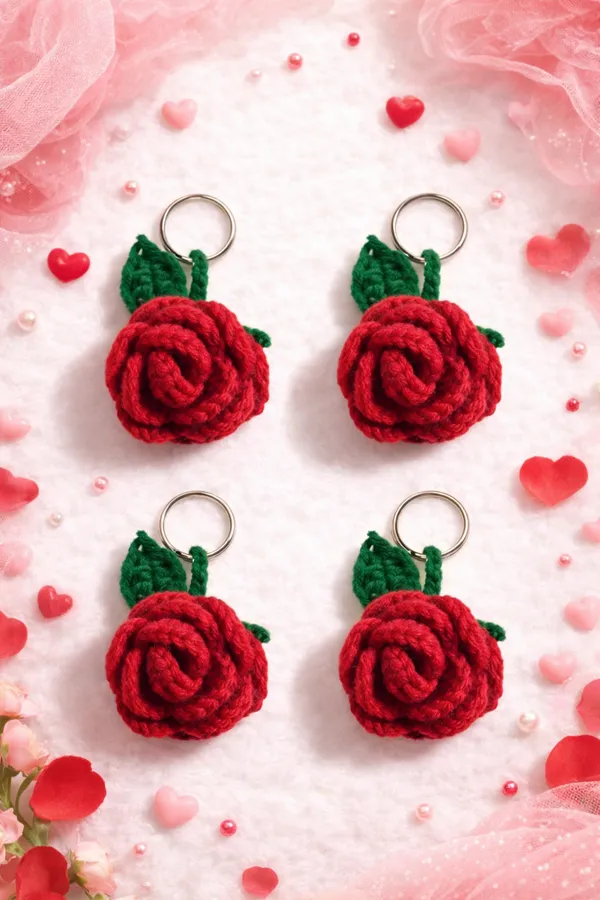 Handmade_Crochet_Rose_Keychain_Set_Of_4_|_Red_Flower_Bag_Charm_&_Key_Ring_|_Cute_Romantic_Gift_For_Her_|_Floral_Couple_Keychain