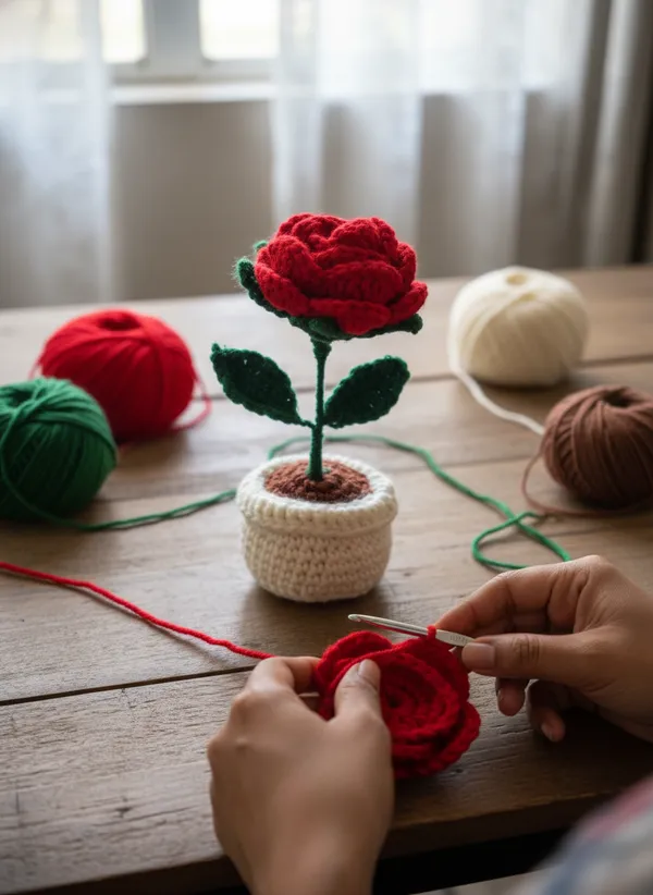 Handmade_Crochet_Rose_Pot_|_Cute_Flower_Desk_Decor_|_Romantic_Crochet_Plant_Decoration_For_Home_&_Office