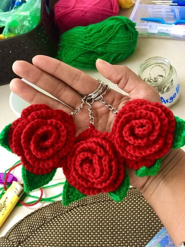 Handmade_Crochet_Rose_Keychain_Set_Of_2_|_Red_Flower_Bag_Charm_&_Key_Ring_|_Cute_Romantic_Gift_For_Her_|_Floral_Couple_Keychain