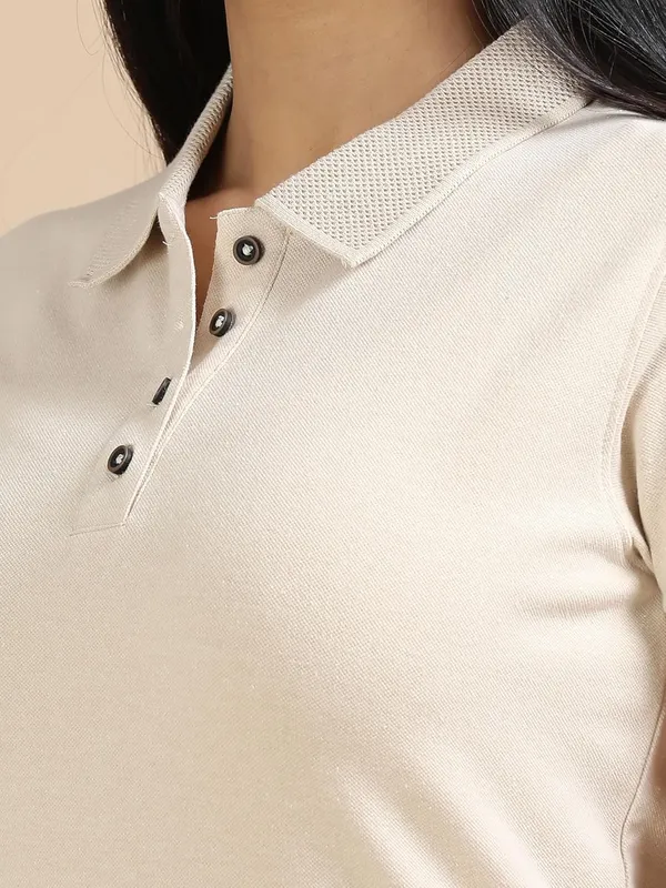 Sand_Beige_Cotton_Solid_Relaxed_Polo_T-Shirt_For_Women