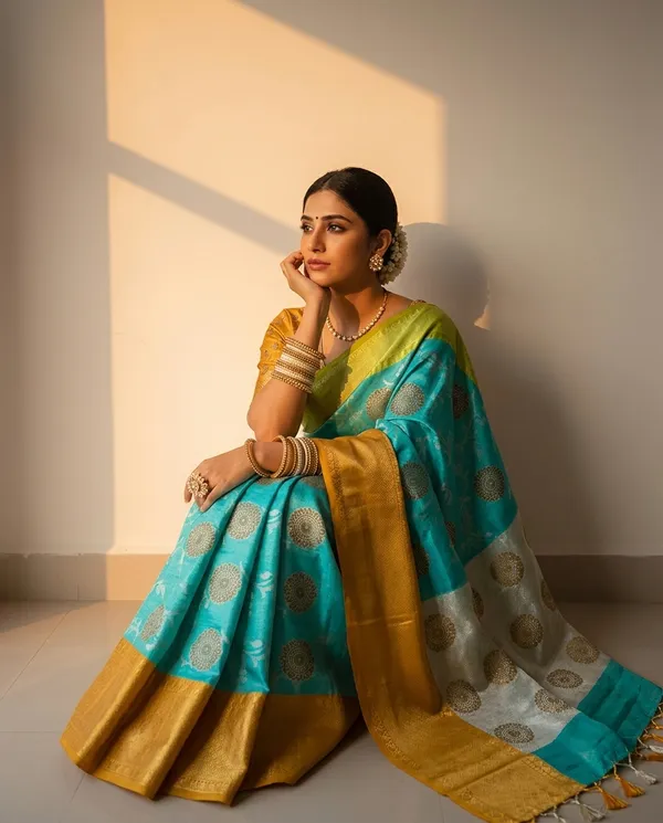 Turquoise_And_Golden_Yellow_Banarasi_Silk_Saree_With_Silver_Butta_Motifs