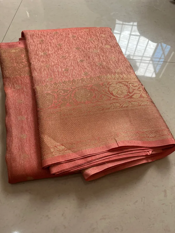 Peach_Iktara_Tissue_Banarasi_Saree_With_Gold_Zari_Buti_And_Rich_Woven_Border