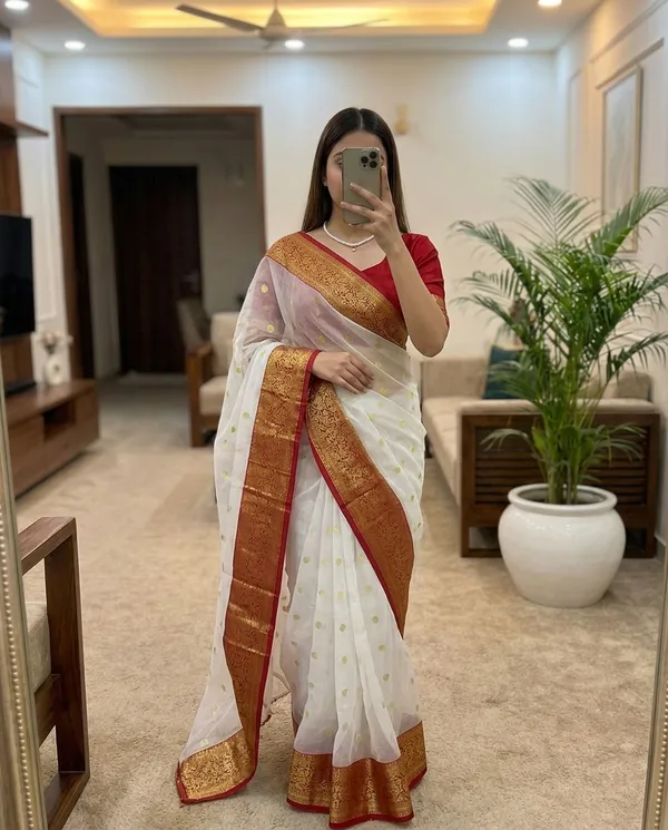 White_Gold_Zari_Buti_Organza_Banarasi_Saree_With_Rich_Red_Border_&_Floral_Zari_Pallu