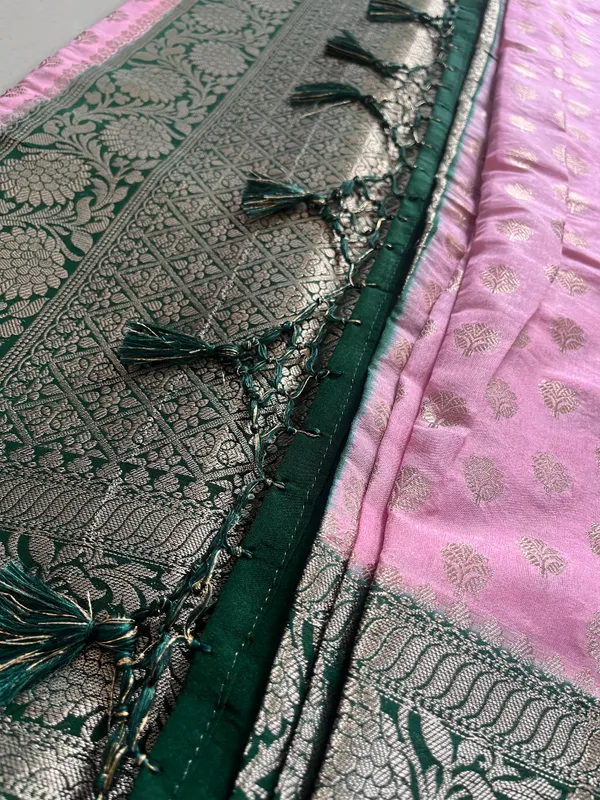 Baby_Pink_Semi_Katan_Banarasi_Saree_With_Gold_Buti_And_Bottle_Green_Zari_Border