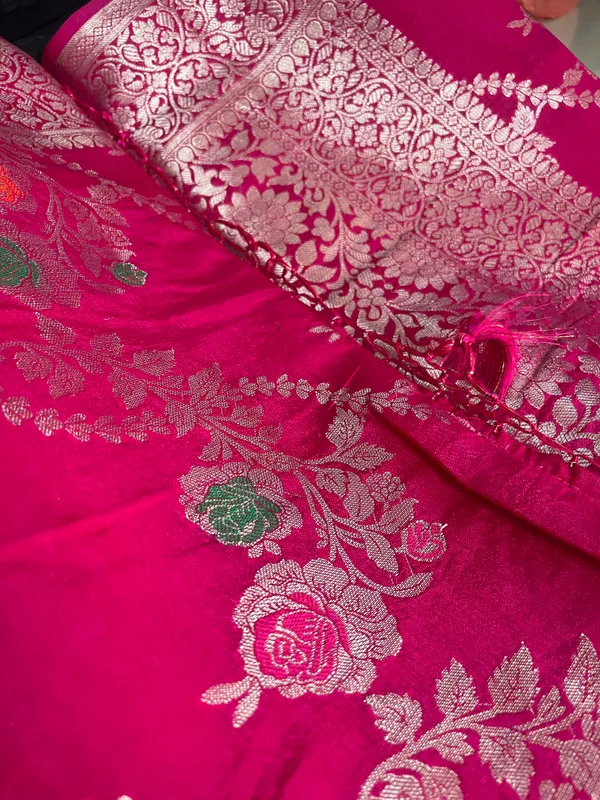 Rani_Pink_Chiniya_Silk_Banarasi_Saree_With_Floral_Zari_Jaal_And_Rich_Woven_Border