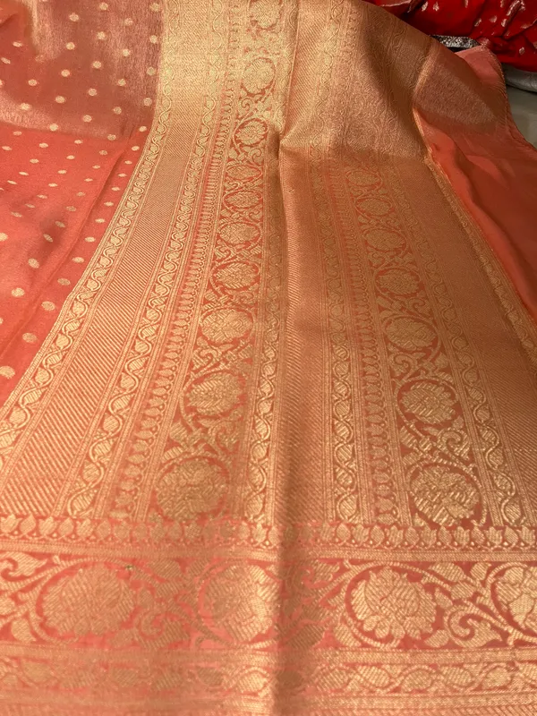 Peach_Iktara_Tissue_Banarasi_Saree_With_Gold_Zari_Buti_And_Rich_Woven_Border