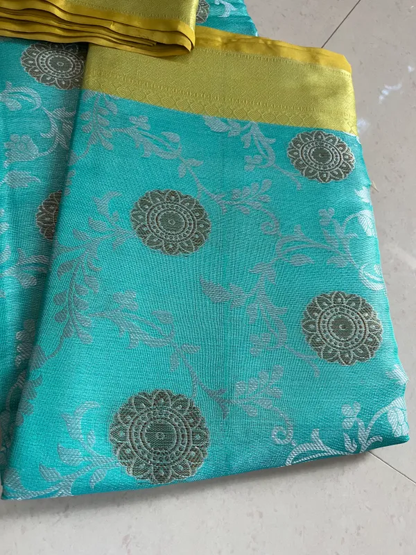 Turquoise_And_Golden_Yellow_Banarasi_Silk_Saree_With_Silver_Butta_Motifs