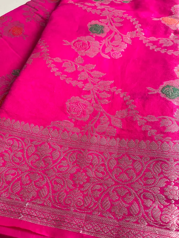 Rani_Pink_Chiniya_Silk_Banarasi_Saree_With_Floral_Zari_Jaal_And_Rich_Woven_Border