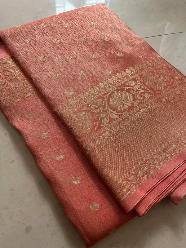 Peach_Iktara_Tissue_Banarasi_Saree_With_Gold_Zari_Buti_And_Rich_Woven_Border