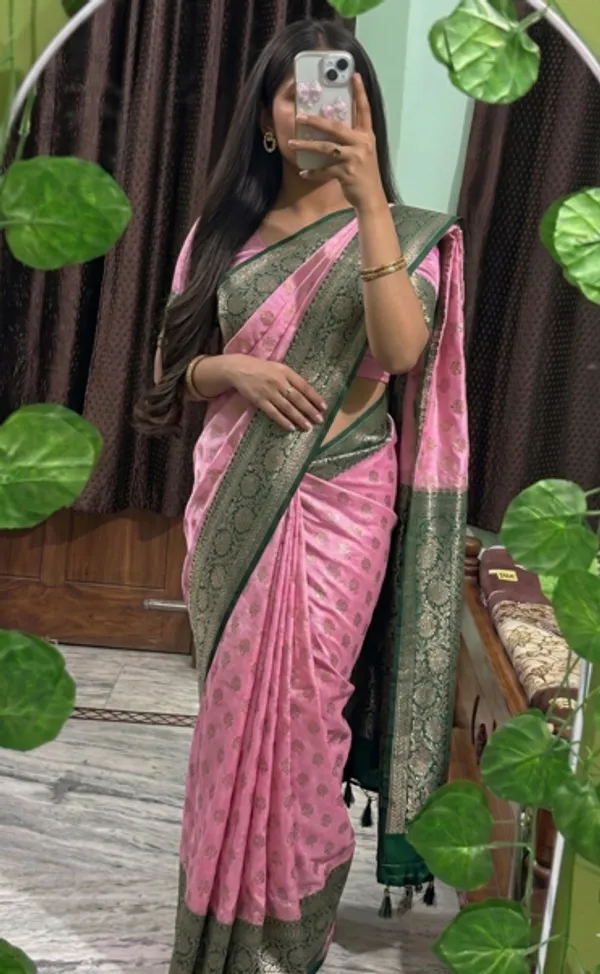 Baby_Pink_Semi_Katan_Banarasi_Saree_With_Gold_Buti_And_Bottle_Green_Zari_Border
