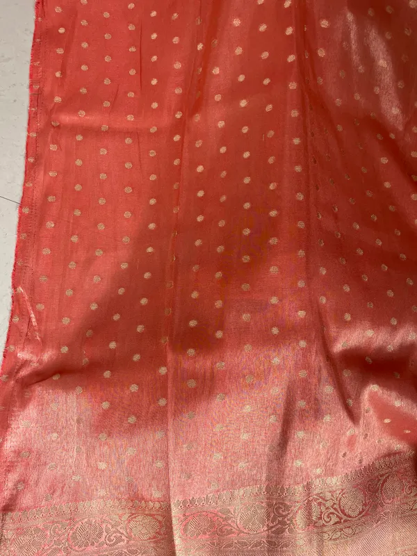 Peach_Iktara_Tissue_Banarasi_Saree_With_Gold_Zari_Buti_And_Rich_Woven_Border