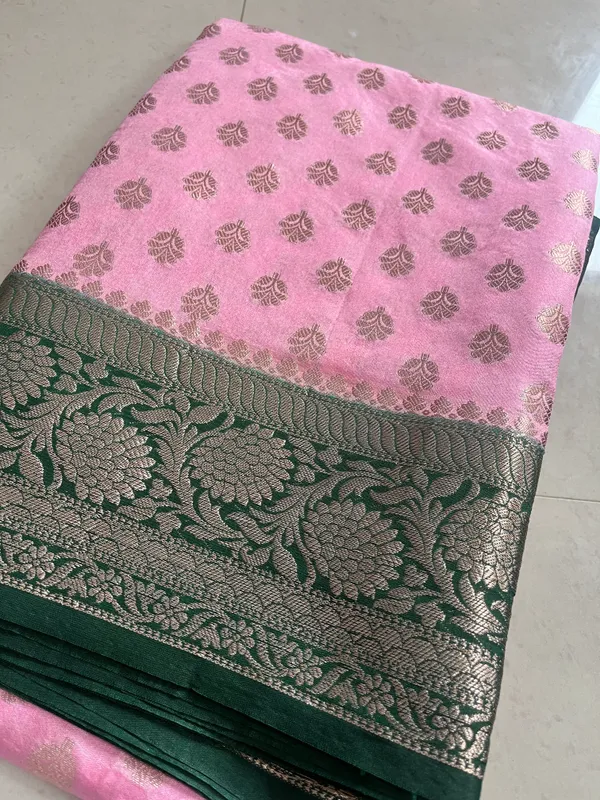 Baby_Pink_Semi_Katan_Banarasi_Saree_With_Gold_Buti_And_Bottle_Green_Zari_Border