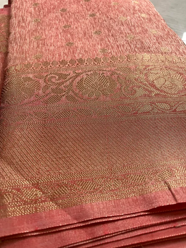 Peach_Iktara_Tissue_Banarasi_Saree_With_Gold_Zari_Buti_And_Rich_Woven_Border