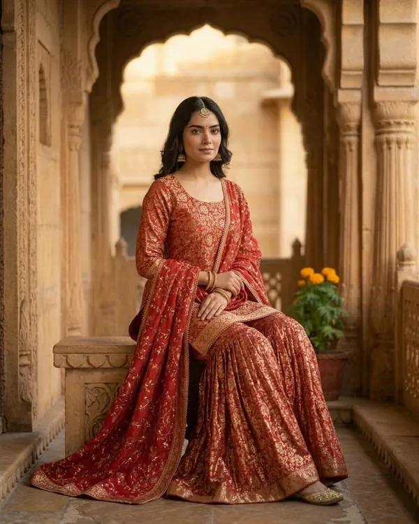 Rani_Red_Stone_Work_Kimkhab_Banarasi_Gharara