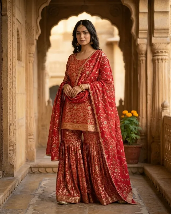 Rani_Red_Stone_Work_Kimkhab_Banarasi_Gharara