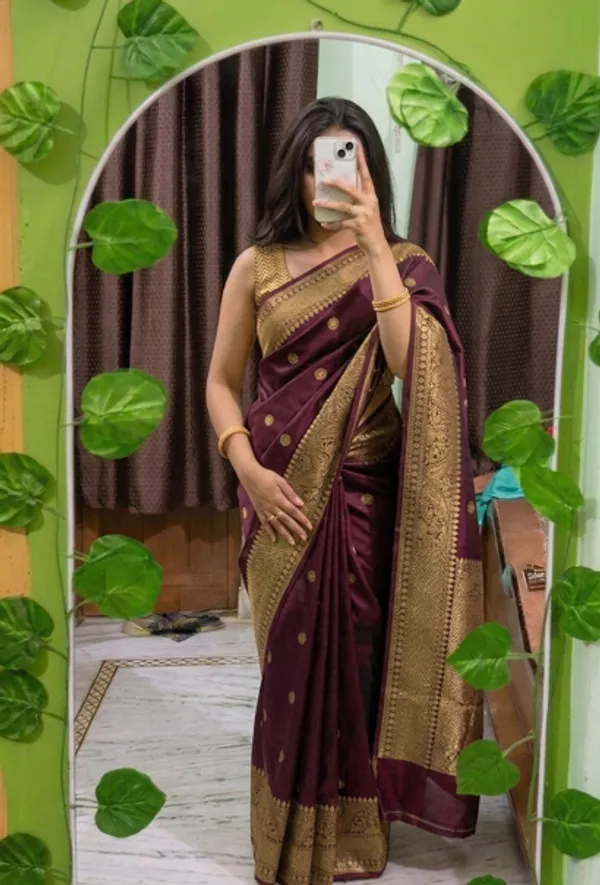Rajwada_Wine_Silky_Saree_With_Gold_Zari_Buti_And_Grand_Woven_Border