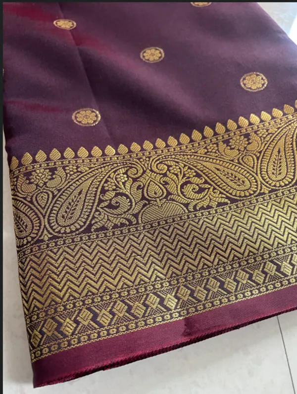 Rajwada_Wine_Silky_Saree_With_Gold_Zari_Buti_And_Grand_Woven_Border
