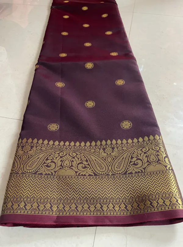 Rajwada_Wine_Silky_Saree_With_Gold_Zari_Buti_And_Grand_Woven_Border