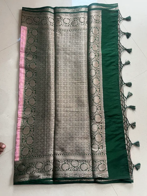 Baby_Pink_Semi_Katan_Banarasi_Saree_With_Gold_Buti_And_Bottle_Green_Zari_Border