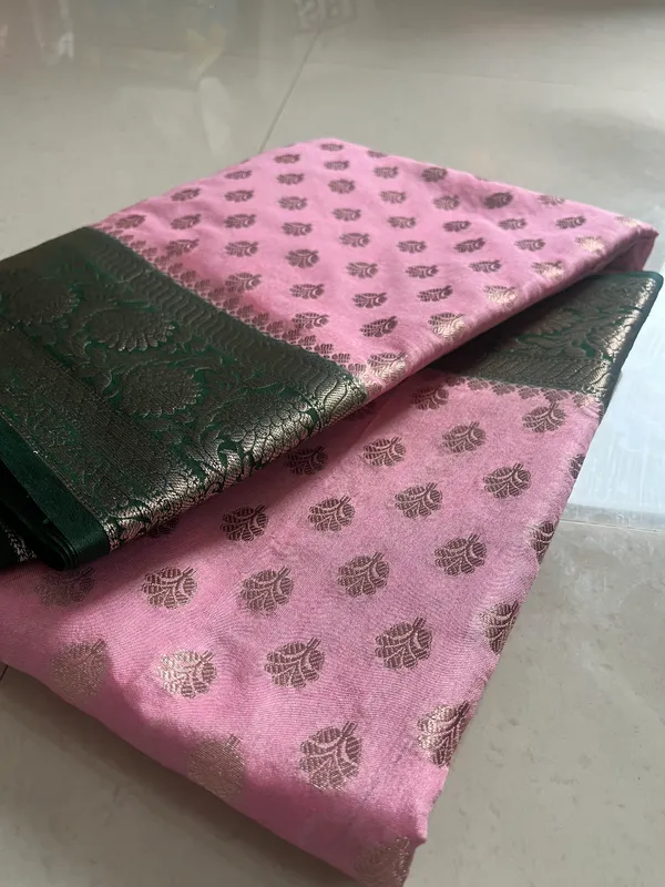 Baby_Pink_Semi_Katan_Banarasi_Saree_With_Gold_Buti_And_Bottle_Green_Zari_Border