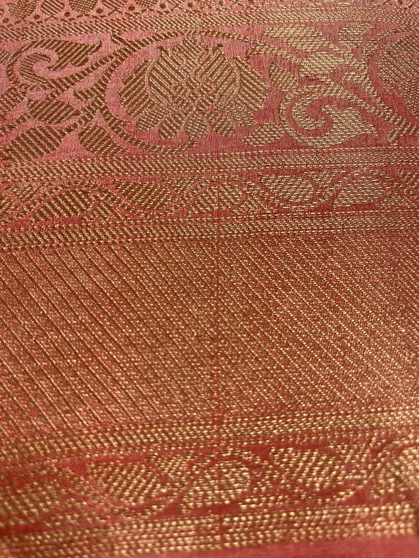Peach_Iktara_Tissue_Banarasi_Saree_With_Gold_Zari_Buti_And_Rich_Woven_Border