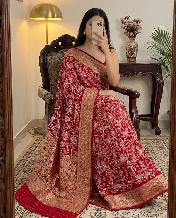 Gulnaar_Red_Organza_Chikankari_Saree_With_Intricate_Floral_Threadwork