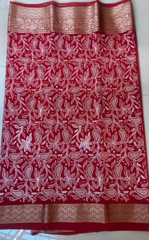 Gulnaar_Red_Organza_Chikankari_Saree_With_Intricate_Floral_Threadwork