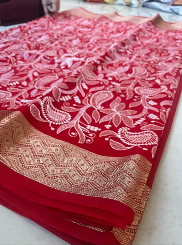 Gulnaar_Red_Organza_Chikankari_Saree_With_Intricate_Floral_Threadwork