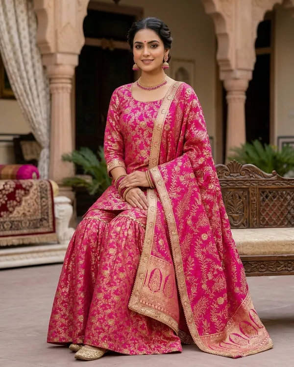 Hot_Pink_Stone_Work_Kimkhab_Banarasi_Gharara