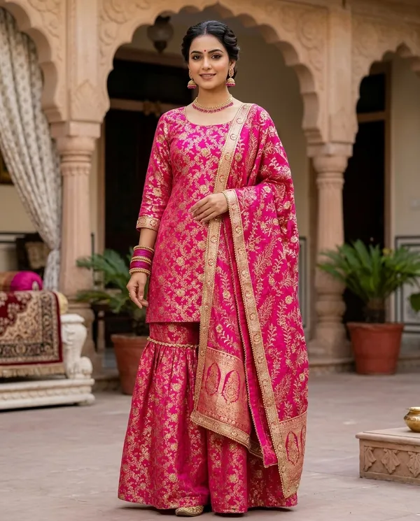 Hot_Pink_Stone_Work_Kimkhab_Banarasi_Gharara