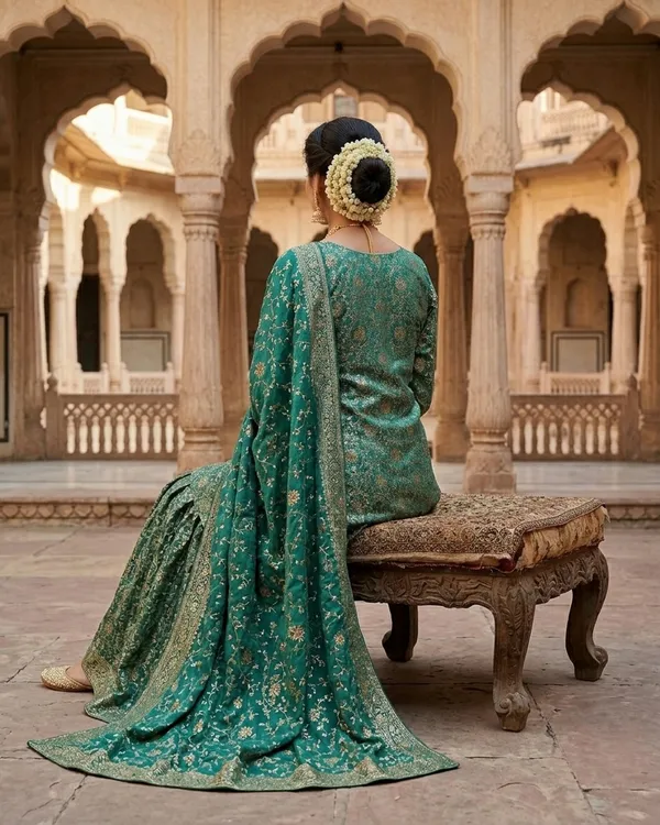 Teal_Green_Stone_Work_Kimkhab_Banarasi_Gharara