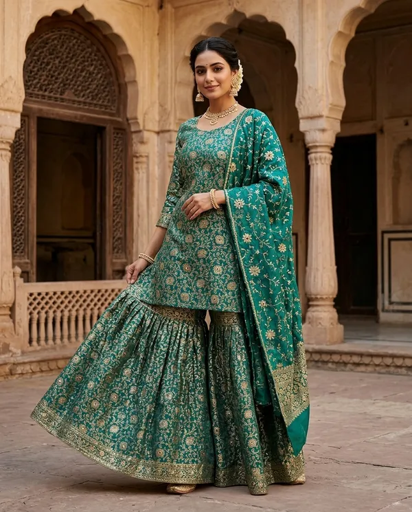 Teal_Green_Stone_Work_Kimkhab_Banarasi_Gharara