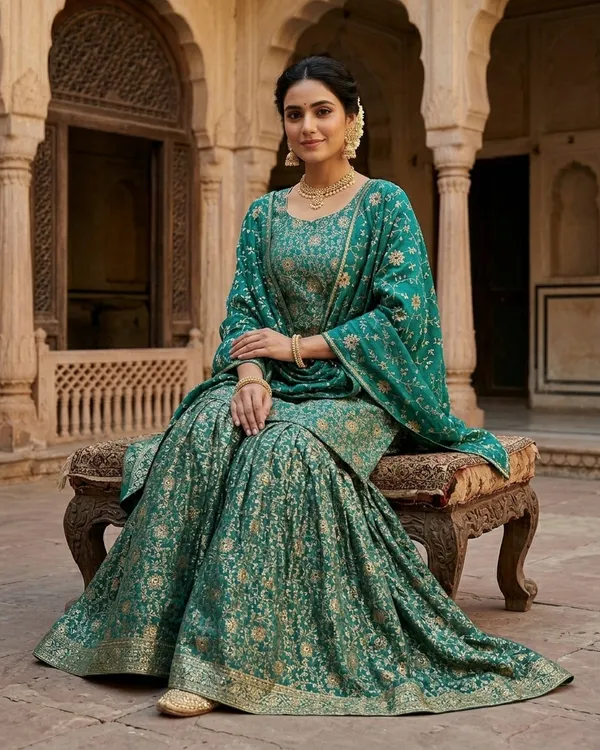 Teal_Green_Stone_Work_Kimkhab_Banarasi_Gharara
