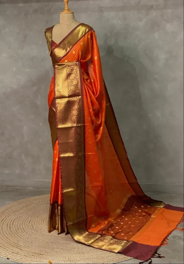 Rust_Orange_Maheshwari_Silk_Saree_With_Gold_Zari_Checks,_Buti_And_Floral_Woven_Border