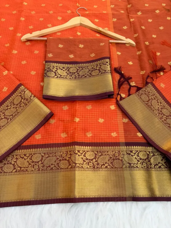 Rust_Orange_Maheshwari_Silk_Saree_With_Gold_Zari_Checks,_Buti_And_Floral_Woven_Border